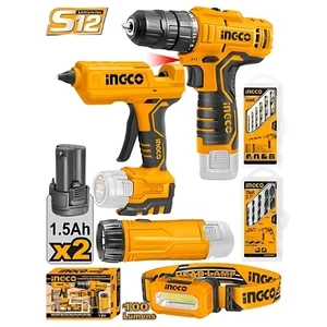 INGCO COSLI22121 12V Cordless 4-Piece Combo Kit – Drill, Glue Gun, Flashlight & Headlamp – Lithium-Ion Power Tool Set