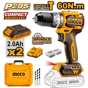 INGCO CIDLI20602 20V Compact Brushless Cordless Impact Drill – 60Nm High Torque, Professional Power Tool with Lithium-Ion Technology